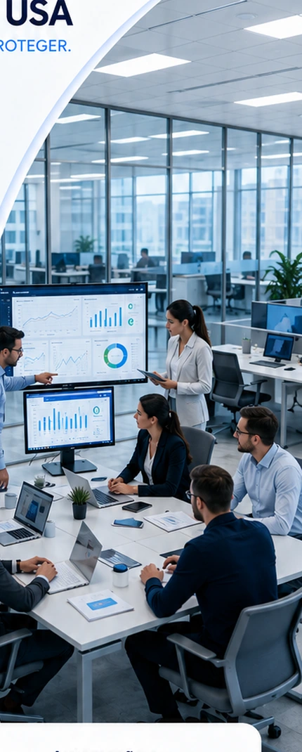 Equipe empresarial analisando dashboards e planejando soluções